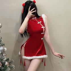 Xianyi Christmas Lingerie Set - Seductive No-Remove Cheongsam Outfit with Sheer Bust, Festive Sexy Costume