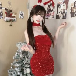 New Year Sexy Velvet Bodysuit with Sparkles - Christmas Bunny Girl Lingerie Set, Seductive Sleepwear & Outfit