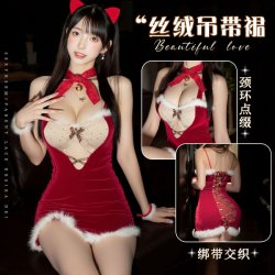 Yueyuezhe New Year Lingerie Set – Sexy Velvet Deer-Themed Split Front Slip Dress with Sheer Mesh Details