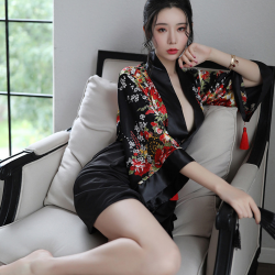 Black Japanese Anime Lingerie Set - Sheer Kimono-Inspired Sleepwear with Cut-Out Details for Women