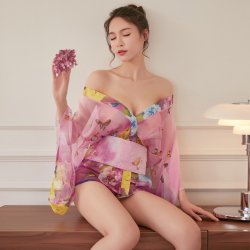 Butterfly Print Sheer Chiffon Japanese Kimono Lingerie Set - Sexy Bathrobe Outfit for Women