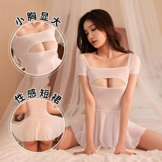 Woman modeling white ice silk transparent tight lingerie set with revealing chest cutout and sexy bodycon mini skirt.