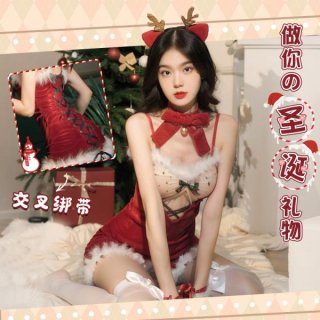 Woman wearing a red christmas fuzzy sheer lace set with reindeer antlers, perfect for holiday parties and cosplay.