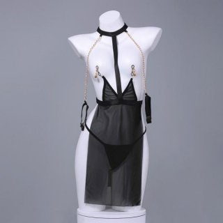 Sexy sheer black lingerie set with gold chains, featuring a transparent bodysuit and choker for intimate role play nights.