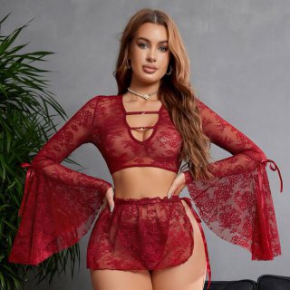 Woman modeling red sheer lace lingerie set with deep v, flared sleeves, and detachable ties.