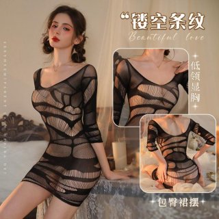 Woman modeling a sexy plus size lace bodysuit with bold striped sheer mesh, featuring a low neckline and body-hugging fit.