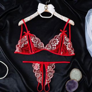 Red lace lingerie set with floral embroidery, displayed on a hanger with pearls and decorative stones.