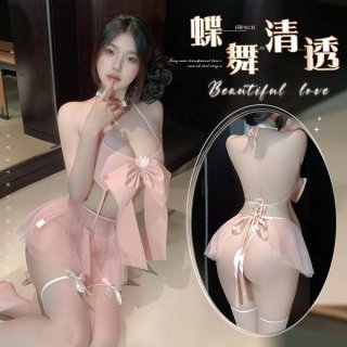 Model wearing qingran pink bow three-piece lingerie set with sheer mesh, bow details, and garter straps.