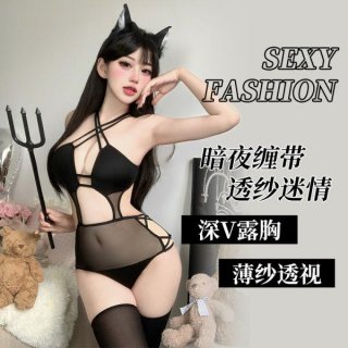 Woman modeling a black devil-themed lingerie set with cat ears, holding a trident. the outfit features a sheer mesh halter br...