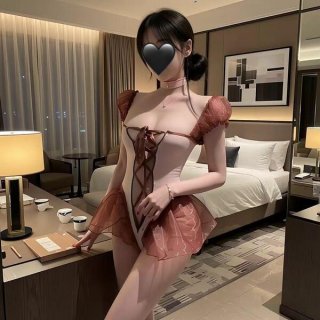Woman in pink pure & playful lingerie set, cute student-style open-crotch bodysuit with hook closure, no-remove sleepwear.