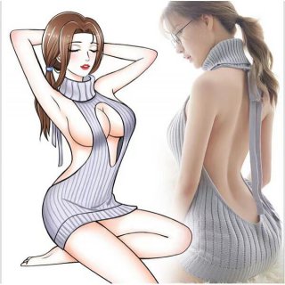 Romantic sheer lace lingerie set featuring open-front backless knit sweater and mini skirt sleepwear outfit.