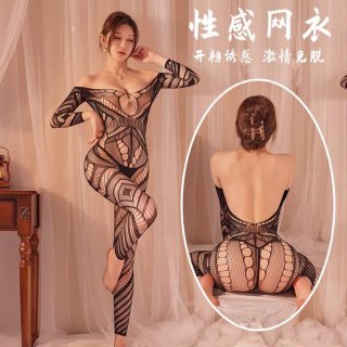 Model wearing qingyege sexy sheer lace bodysuit with backless open-crotch design and matching mesh stockings.