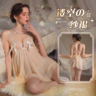 Woman wearing mannyqing sheer mesh lace cami nightdress with backless and cutout design, elegant summer sleepwear.