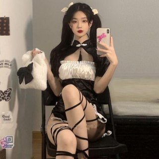 Vintage-inspired sexy lingerie set featuring a retro chinese qipao short sleeve split dress with seductive uniform style, per...