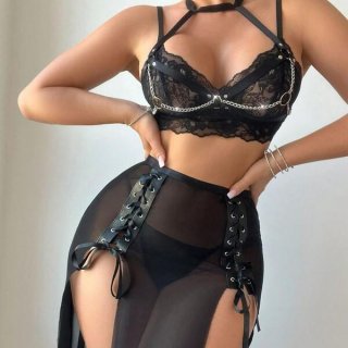 Sexy lace halter neck set with high slit and bondage style design, perfect for women seeking bold and elegant lingerie.