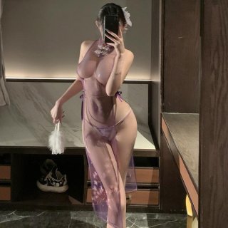 Seductive purple cheongsam lingerie set - sheer mesh split dress with ties, no-remove design
