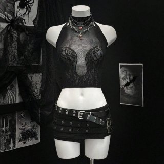 Sexy gothic punk crop vest featuring twill lace design, black mesh top with intricate detailing, perfect for bold fashion sta...