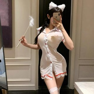 Sexy nurse costume for women - elegant sheer lace cosplay dress set with ruffled trim & mesh detail