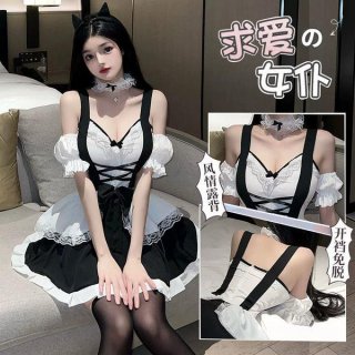 Sexy maid costume outfit featuring black and white design, lace details, and thigh-high stockings. perfect for role play and ...