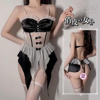 Sexy maid costume set for women featuring black and white design, open-crotch style, sweet and alluring lingerie.