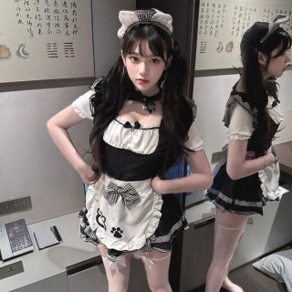 A stylish maid costume featuring a black and white outfit with cat-themed accessories, perfect for cosplay events or themed p...