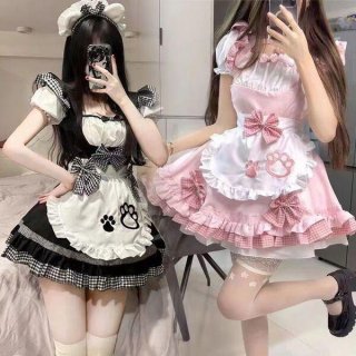 Two women wearing adorable maid costumes featuring kawaii cat designs, perfect for lolita fashion and anime cosplay with pett...