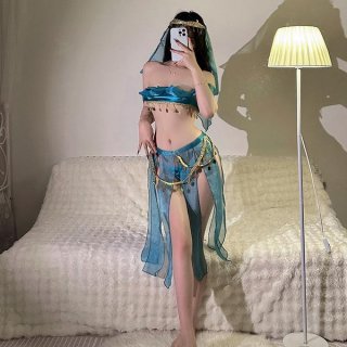 A woman poses in an exotic dance-inspired sleep set featuring a blue bodice and flowing nightgown, embodying ancient chinese ...