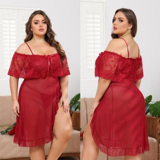 Plus size sexy lace sleepwear set - sheer off-shoulder cami dress with transparent mesh & floral embroidery