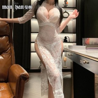 Sexy deep v lace sleep dress set with vintage sheer high-waist design, featuring elegant lace details and a plunging neckline...