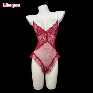 Womens sensual pearl-chain strap bodysuit - sheer deep v lace sleepwear with open-crotch design