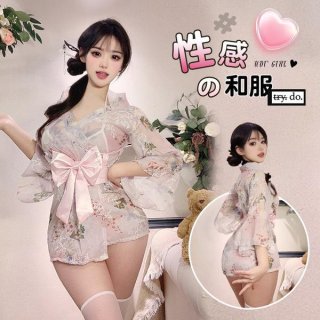 Japanese-style sexy lingerie set featuring a delicate kimono robe with a charming pink bow detail, perfect for elegant sleepw...