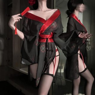 Chao mu sensual kimono-inspired lingerie - sakura-themed sheer sleeve dress with side slit & cut-out details