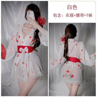 Japanese kimono style halloween lingerie - deep v retro sexy costume for curvy women, white color with red ribbon belt and fl...