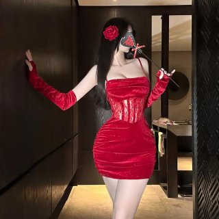 Red velvet sexy new year lingerie dress – sheer lace bodycon with sparkling rhinestones & backless design