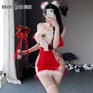 Sexy red bodysuit with strapless design, festive bow and fluffy details, perfect for holiday celebrations.