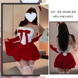 Sexy christmas bunny girl costume with mesh bodysuit and mini red dress for role play, nightclub, and new years eve.