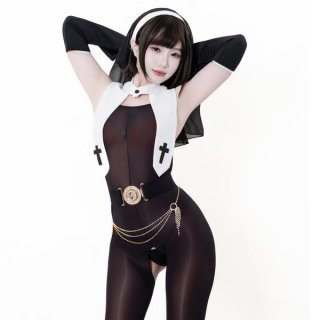 Seductive nun costume lingerie featuring an open-crotch design, combining modesty with allure for role play outfits.