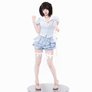 A stylish figure wearing a blue sweet-play lingerie skirt, featuring flirty cupcake mini dress design with high-waist slimmin...