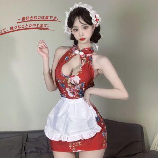 Elegant red floral design qipao with white apron, soft silk look, sensual traditional-inspired nightwear set.
