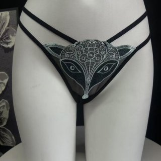 2026 fox embroidery lace mesh bikini panties featuring intricate fox design, sheer cutouts, and crisscross back detail.