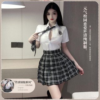 Woman modeling a white blouse and plaid skirt pure & playful japanese school uniform set - cute jk style lingerie for women.