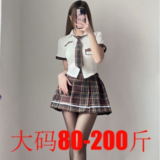 Woman modeling plus size jk uniform set with plaid skirt, white blouse, and tie. seductive schoolgirl role play outfit for bu...