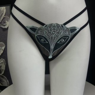 2026 fox embroidery lace mesh bikini panties featuring intricate fox design, sheer cutouts, and crisscross back detail.