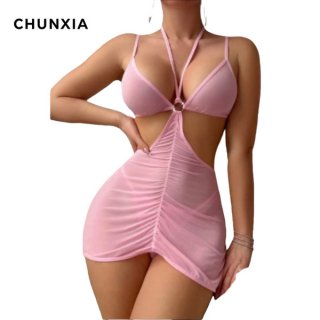 Chunxia 2026 new mesh slip dress - elegant lace-up sheer lingerie set for women, sexy sleepwear & intimate apparel