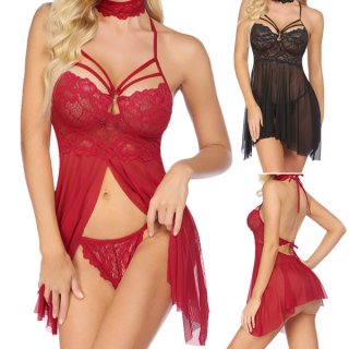 Sexy lace sleepwear set featuring halter neck design, elegant european style lingerie with sheer fabric and intricate lace de...