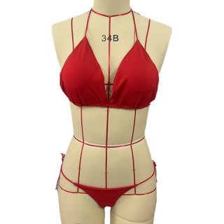 Red lace bra set with padded cups, european style bikini, womens three-piece lingerie and swimwear.