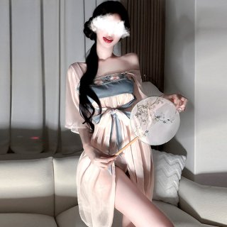 Vintage-inspired sheer chiffon hanfu dress with elegant floral embroidery, paired with a delicate palace-style dudou fan, per...