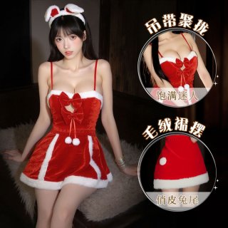 Sexy red velvet christmas costume lingerie with bunny ears, perfect for new year parties and role play.