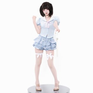A stylish figure wearing a blue sweet-play lingerie skirt, featuring flirty cupcake mini dress design with high-waist slimmin...