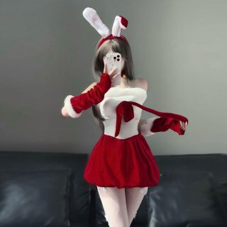 Sexy gold velvet christmas bunny-themed lingerie set with festive red accents, perfect for new year role play outfits.